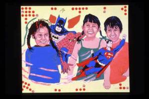 Dolores Guerrero-Cruz Peacemakers, 1985 Screenprint Comments: "This is a serigraph or screen print. My thoughts... Children will create their future and must be envolved in creating a better world where they will become the heroes.